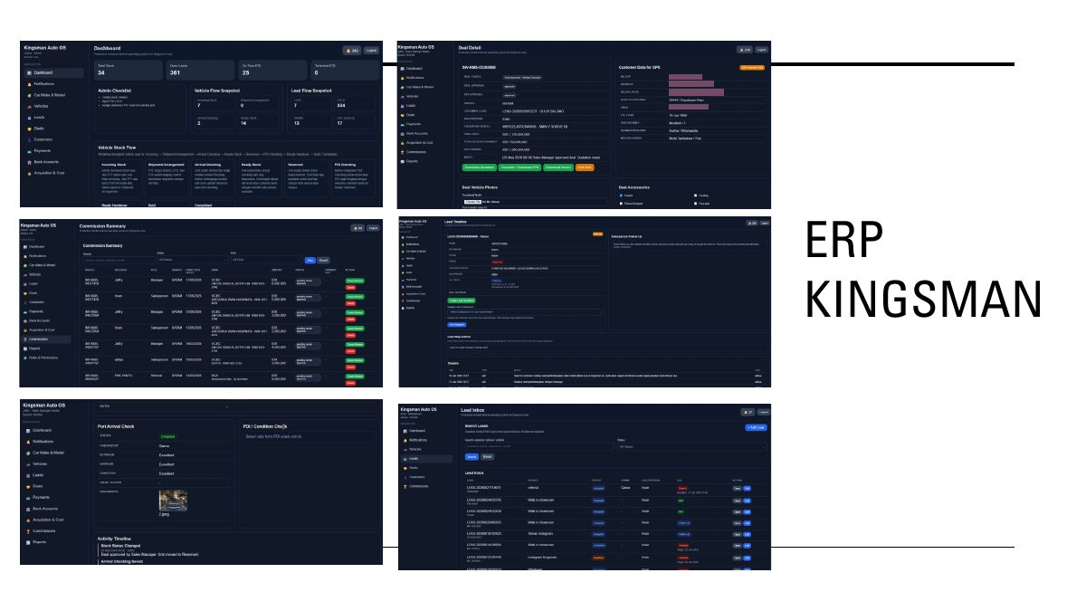 ERP Kingsman dashboard and system screens